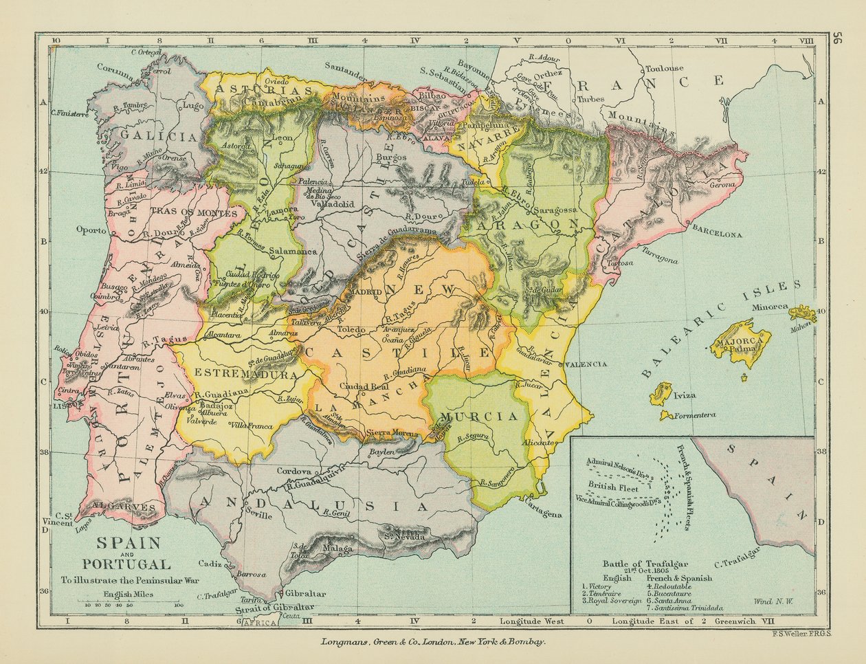 Spanien och Portugal (färglitografi) av English School