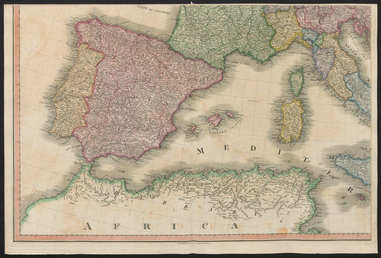 Spanien och Portugal, från Europa, som beskriver alla förändringar av territoriet, tillsammans med deras avvikelser i gränslinjerna för dess flera imperier och stater som överenskommits om och bekräftas av det definitiva fördraget i Paris, 20 november 1815 av English School