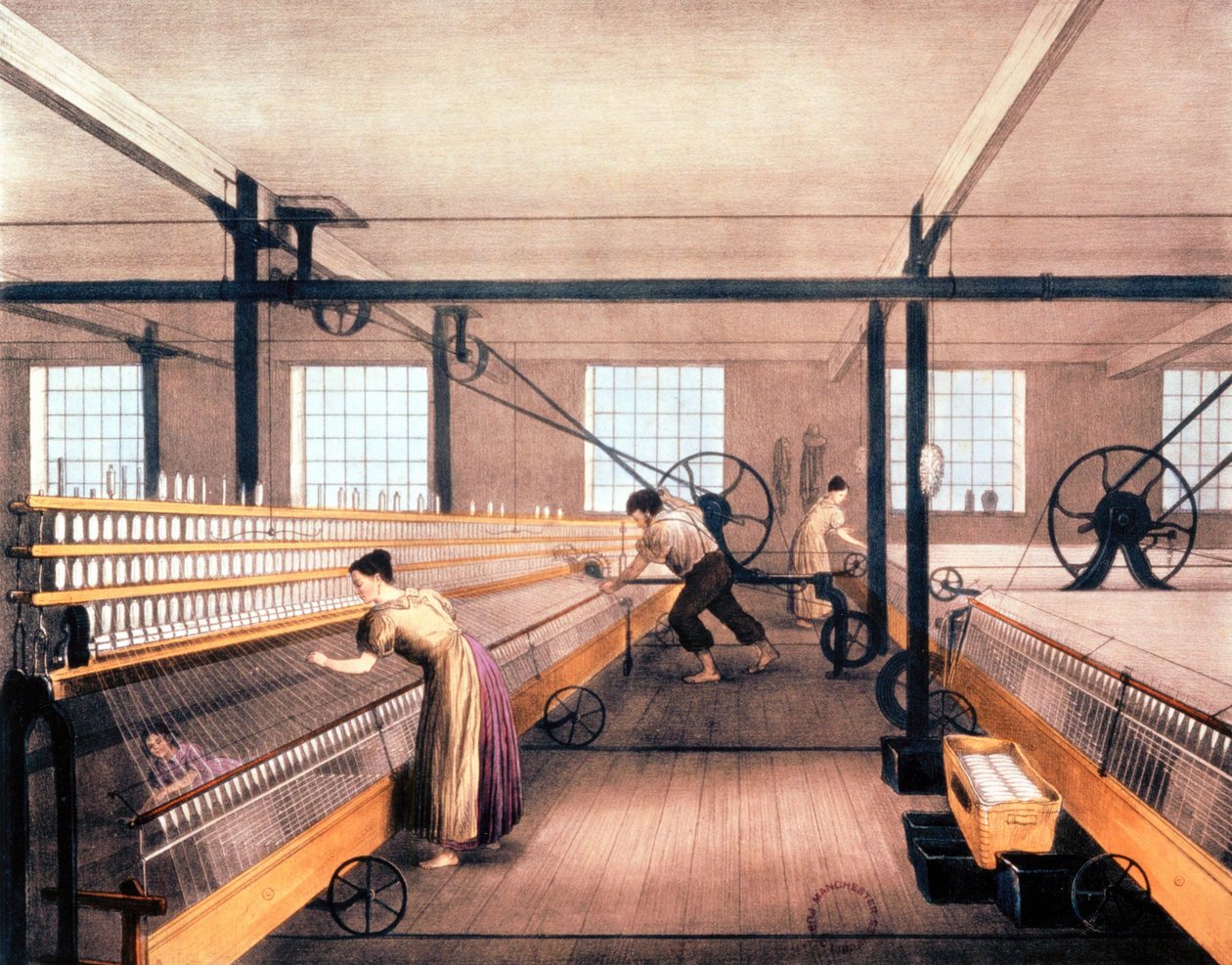 Spinning Mules in Cotton Factory, ca 1935 (tryck) av English School