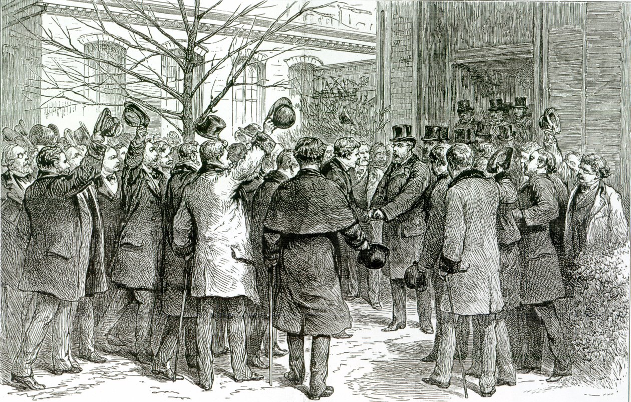 Sr. Robert Koch (1843-1910) lämnar det kungliga sjukhuset, där den engelska patienten behandlas, från The Graphic, 6 december 1890 av English School