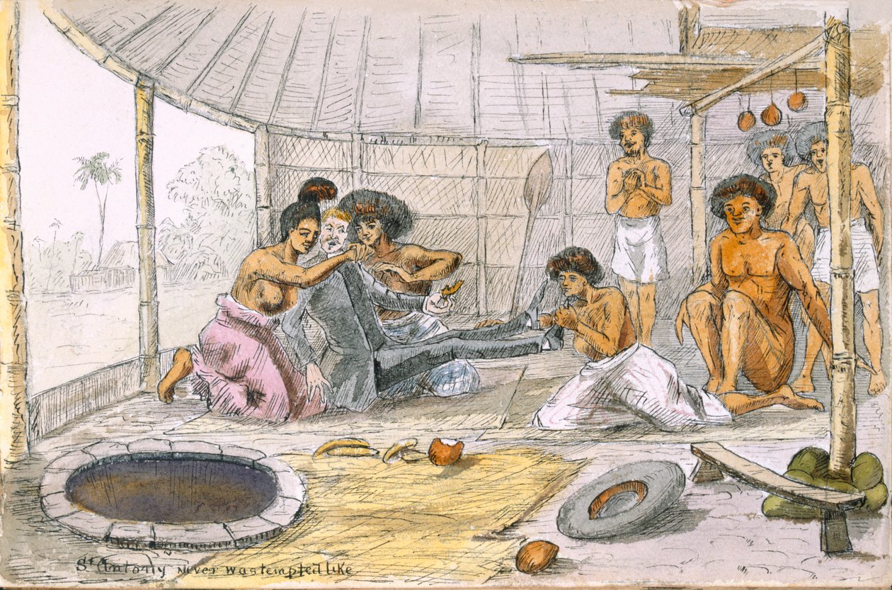 St. Anthony blev aldrig frestad som... från Ye Pilgrimage of ye Revnd. Simpleheart, Adventures of a naive missionary in the South Seas, c.1880 (penna & wc på papper) av English School