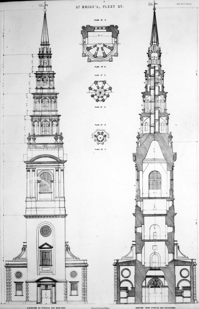 St. Brides, Fleet Street, Elevation of the West End, 1800-talet av English School