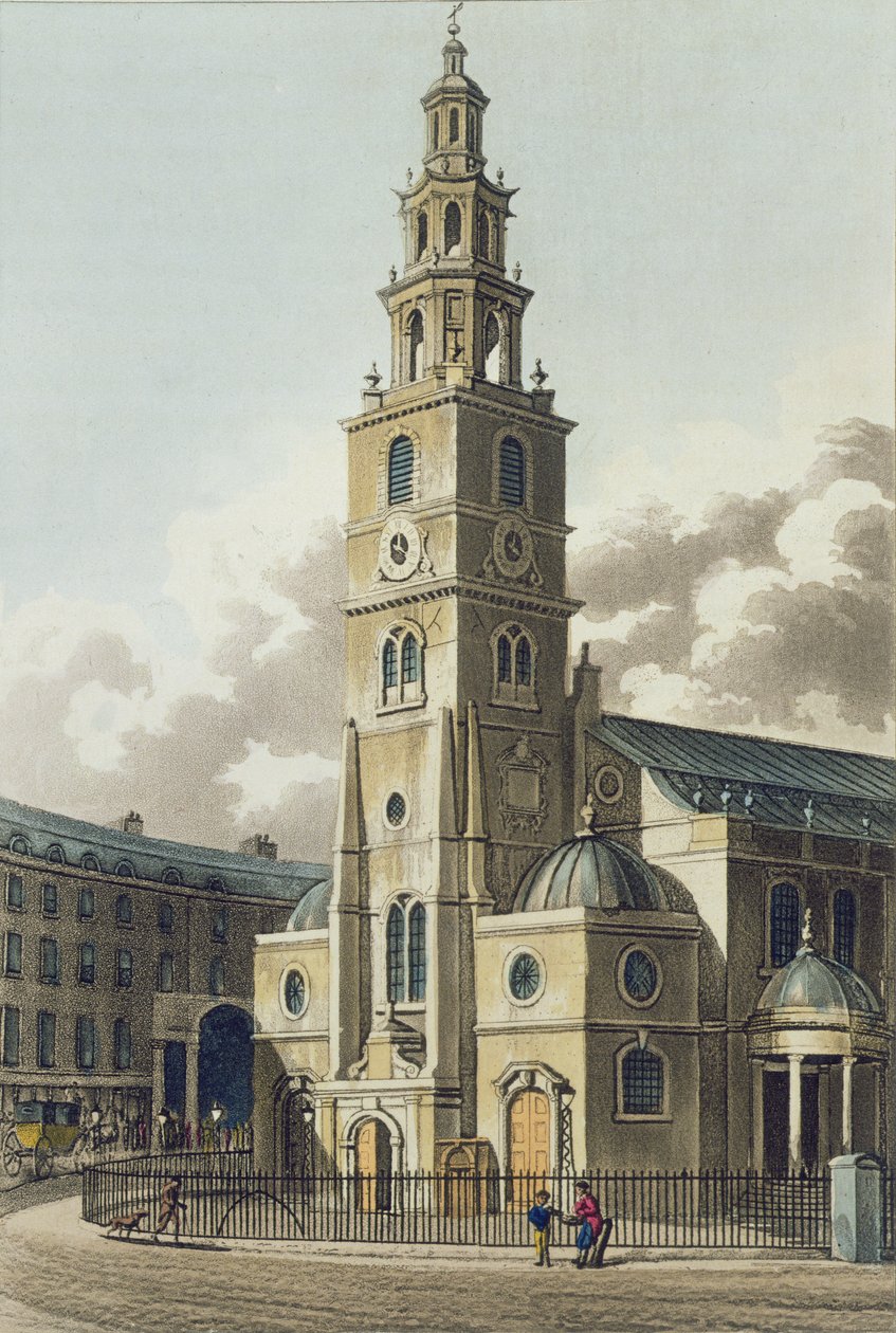 St. Clement Danes kyrka, pub. av Rudolph Ackermann (1764-1834) 1816 (akvatint) av English School