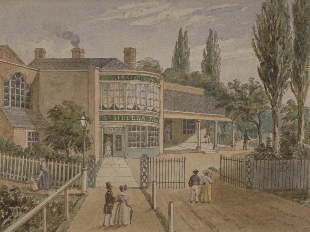 St Helena te-trädgårdar, Lower Road, Rotherhithe, ca 1860 (wc på papper) av English School