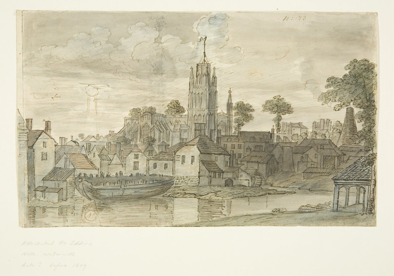 St Mary Redcliffe Church från Redcliffe Back (med penna och bläckteckning av lejon på baksidan) (penna och akvarell på papper) av English School