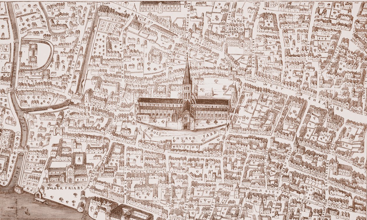 St Pauls och dess närhet, vid tiden för Henry VIII av English School