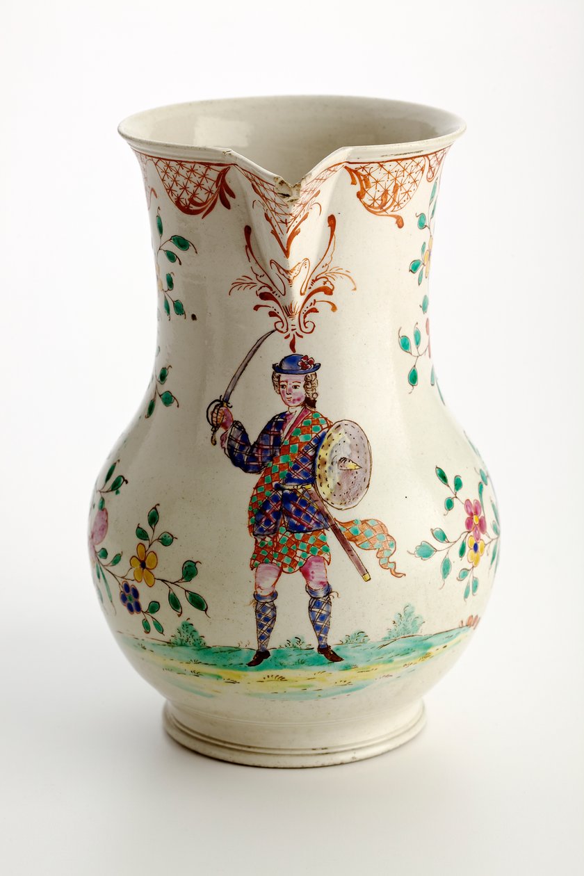 Staffordshire-kanna dekorerad med figur i Highland-dräkt, 1755 (saltglaserat lergods) av English School