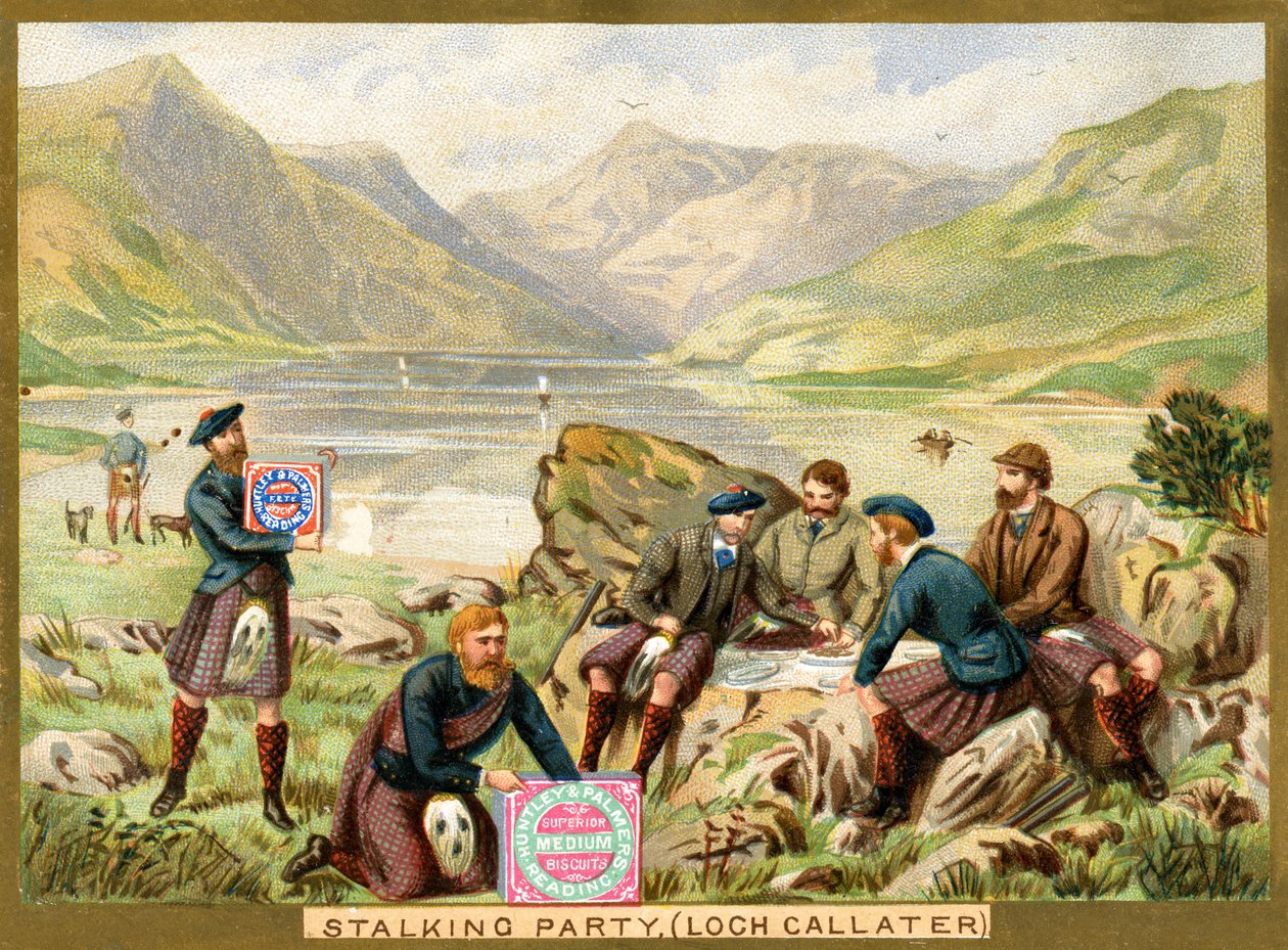Stalking Party, Loch Callater, ett reklamkort för Huntley & Palmers Biscuits, ca 1890 (färg litho av English School