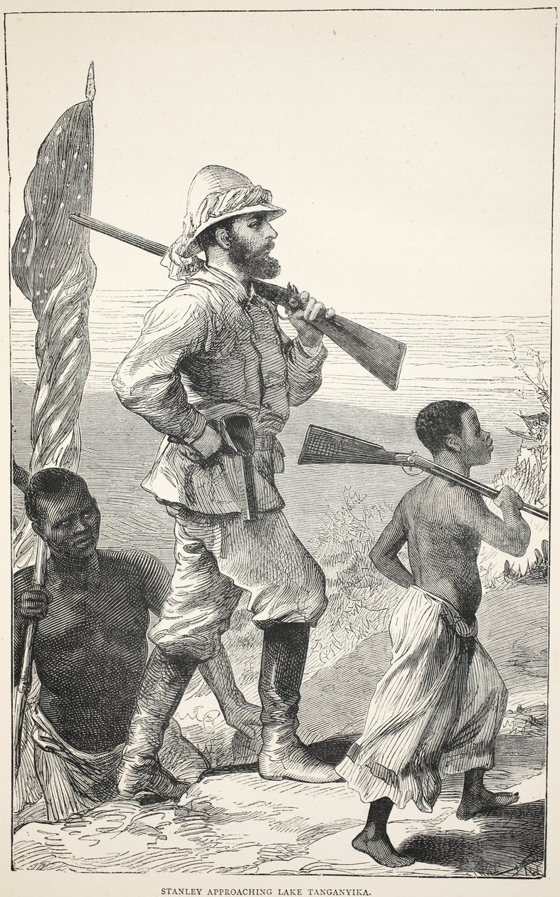 Stanley närmar sig Tanganyikasjön, illustration från The Pictorial Edition av David Livingstones liv och upptäckter av J. Ewing Richie, pub. av A. Fullarton & Co., 1876 av English School