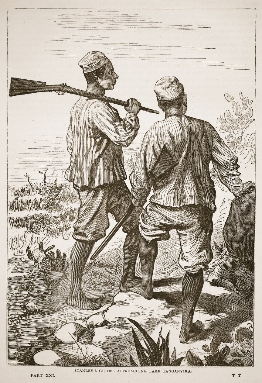 Stanleys guider närmar sig Tanganyikasjön, illustration från The Pictorial Edition av David Livingstones liv och upptäckter av J. Ewing Richie, pub. av A. Fullarton & Co., 1876 av English School