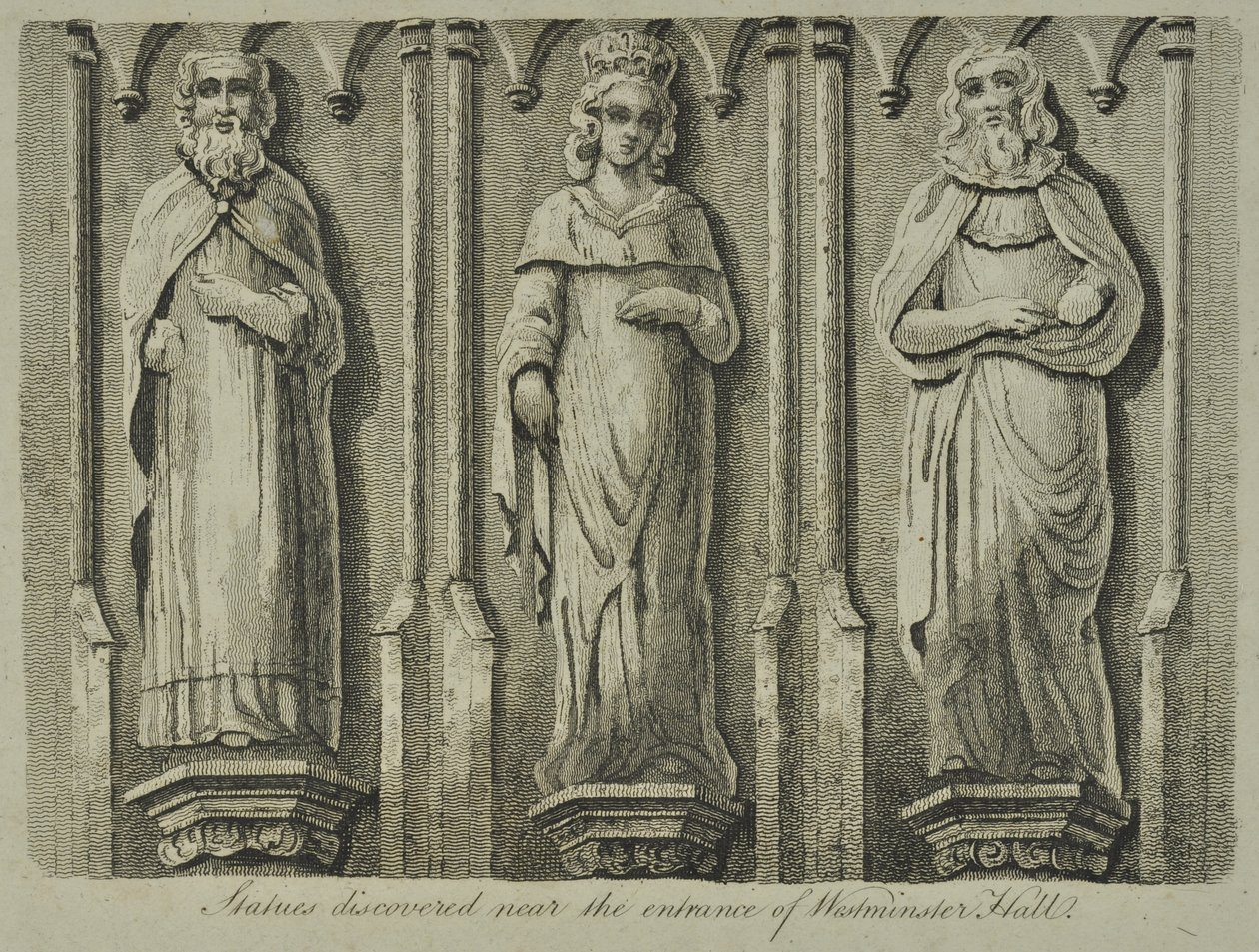 Statyer upptäcktes nära ingången till Westminster Hall, 1807 av English School