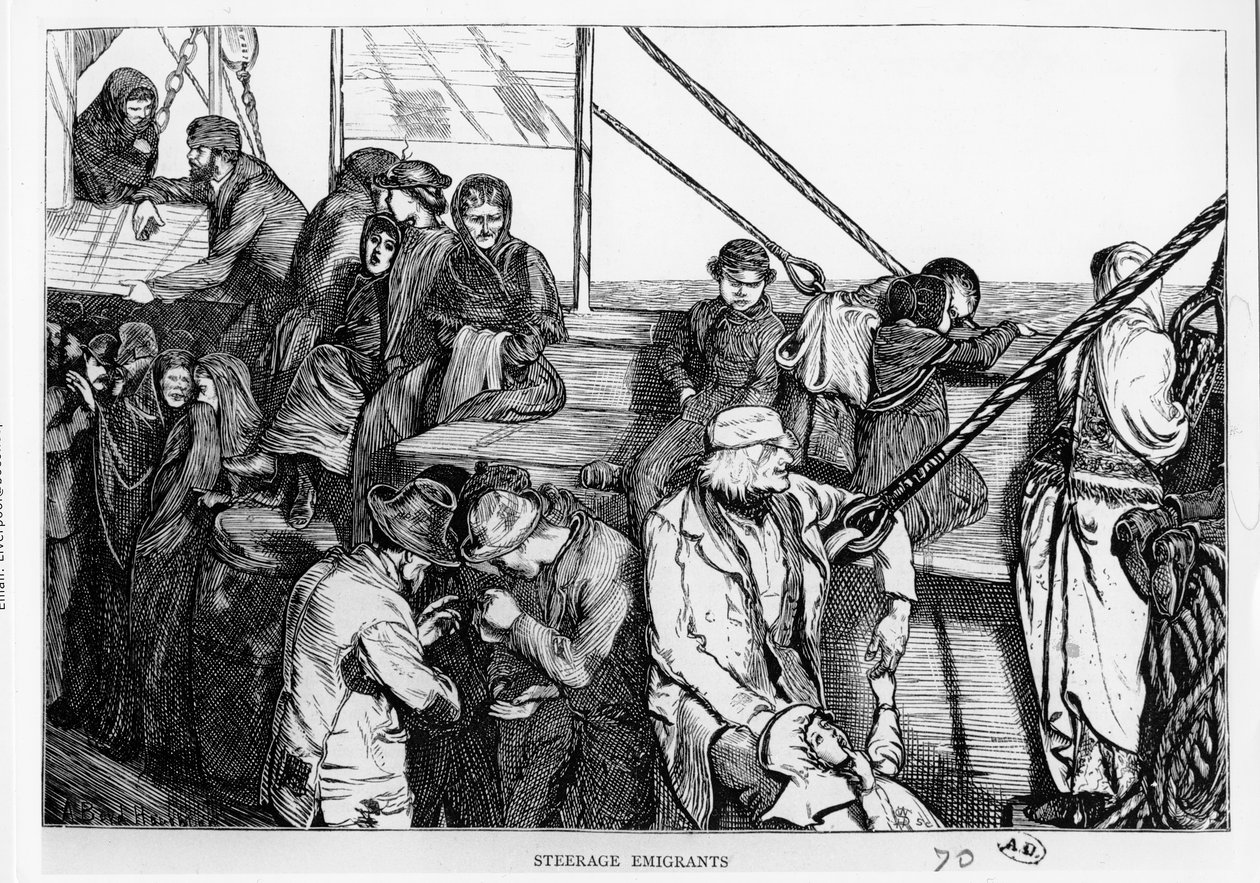 Steerage Emigrants på däcket av ett passagerarfartyg från Europa till den nya världen, ca 1870 av English School