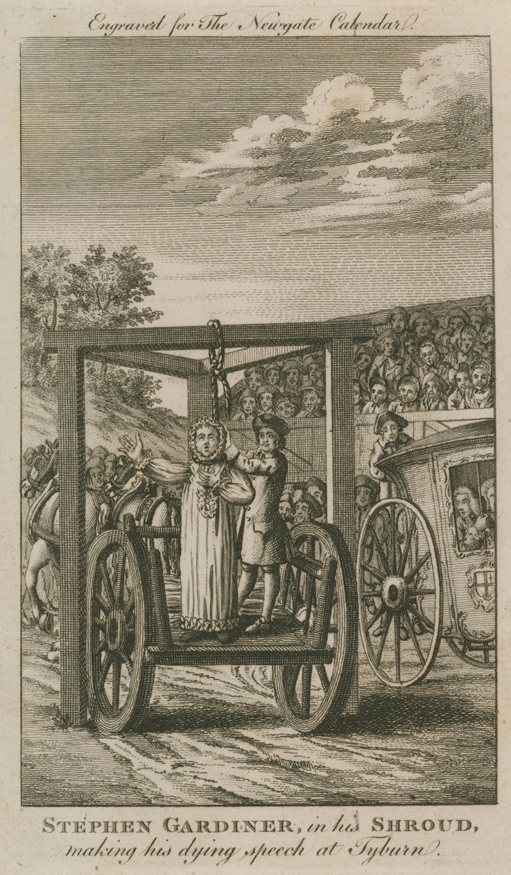 Stephen Gardiner i svepning håller sitt sista tal vid Tyburn (gravyr) av English School