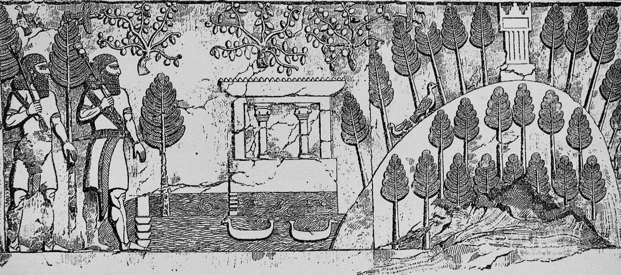 Stenbasrelief av ett tempel och en konstgjord kulle i parken Sargon II i Khorsabad, ca 715 f.Kr. av English School