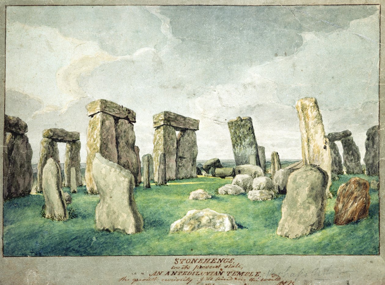 Stonehenge i dess nuvarande tillstånd, ett anpediluniskt tempel, 1821 (wc på papper) av English School