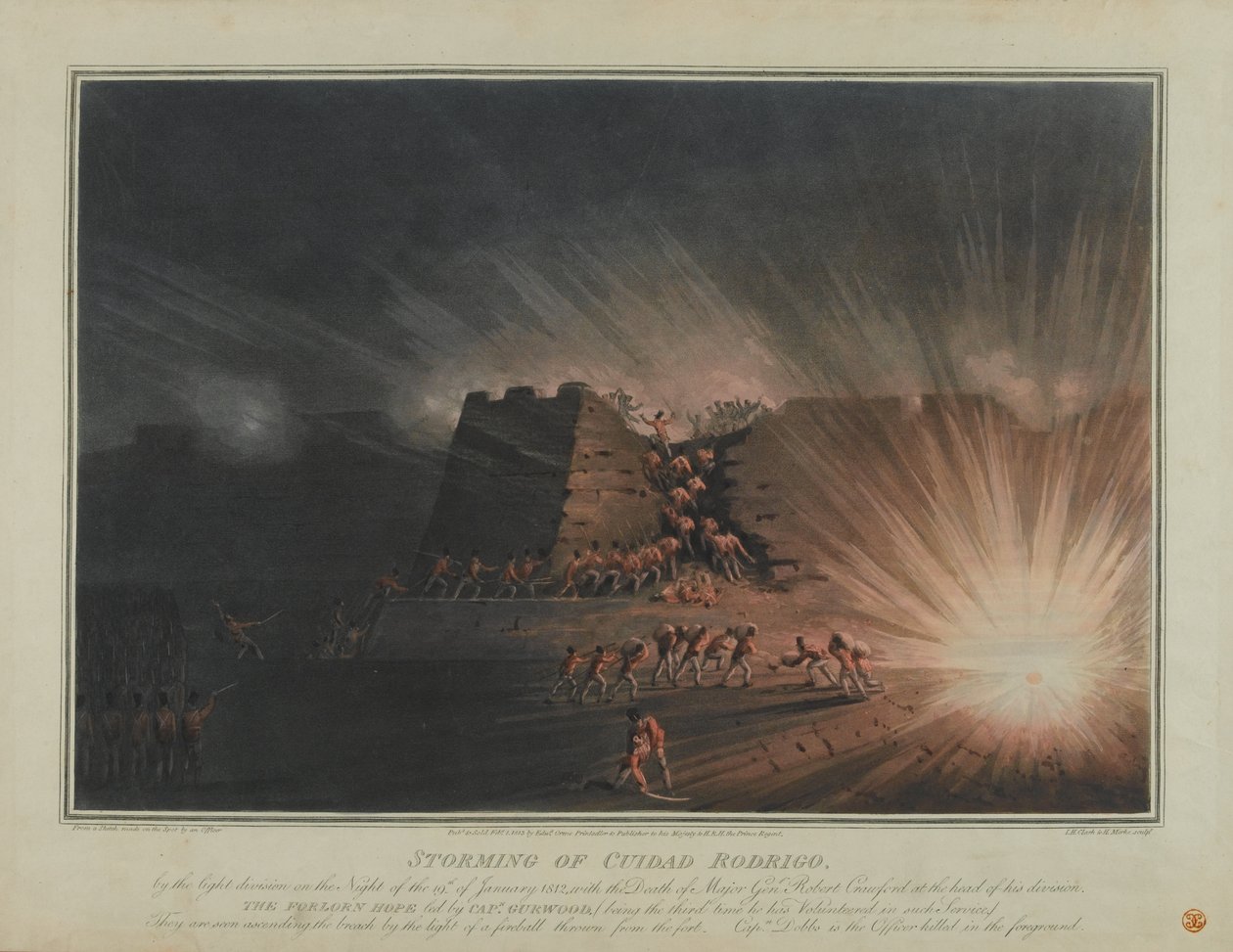Stormningen av Ciudad Rodrigo av Light Division natten till den 19 januari 1812, graverad av J.H. Clark och H. Merke, publicerad i februari 1815 (färgad akvatint) av English School