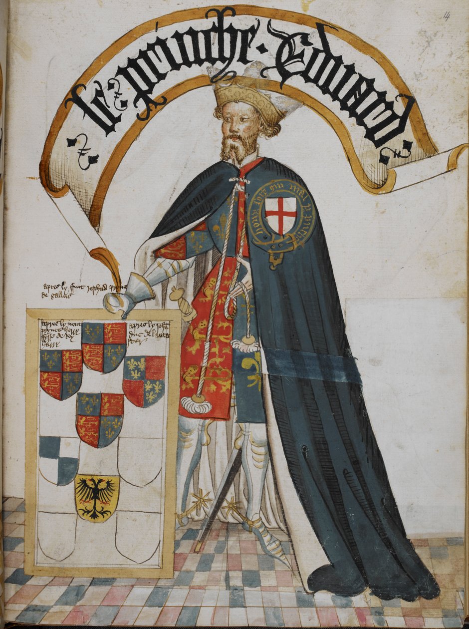 Stowe 594, F.14 Porträtt av Edward, Prince of Wales [The Black Prince], en riddare grundare av ordningen för strumpeband, från "bildboken för vapenordningen för strumpeband" (William Bruge