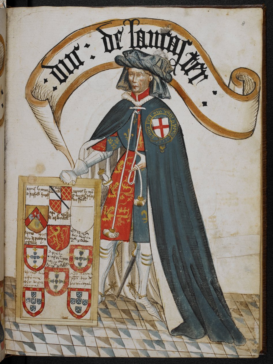 Stowe 594 f.8, Porträtt av Henry, hertig av Lancaster, en riddare grundare av Strumpebandsorden, illustration från 