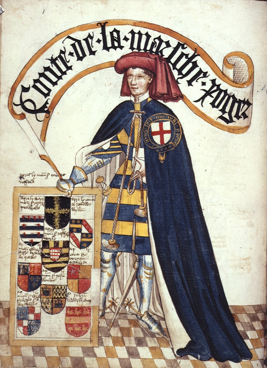 Stowe 594 fol.15v Roger Mortimer (1328-1360) 2nd Earl of March i Strumpebandskläder, från 