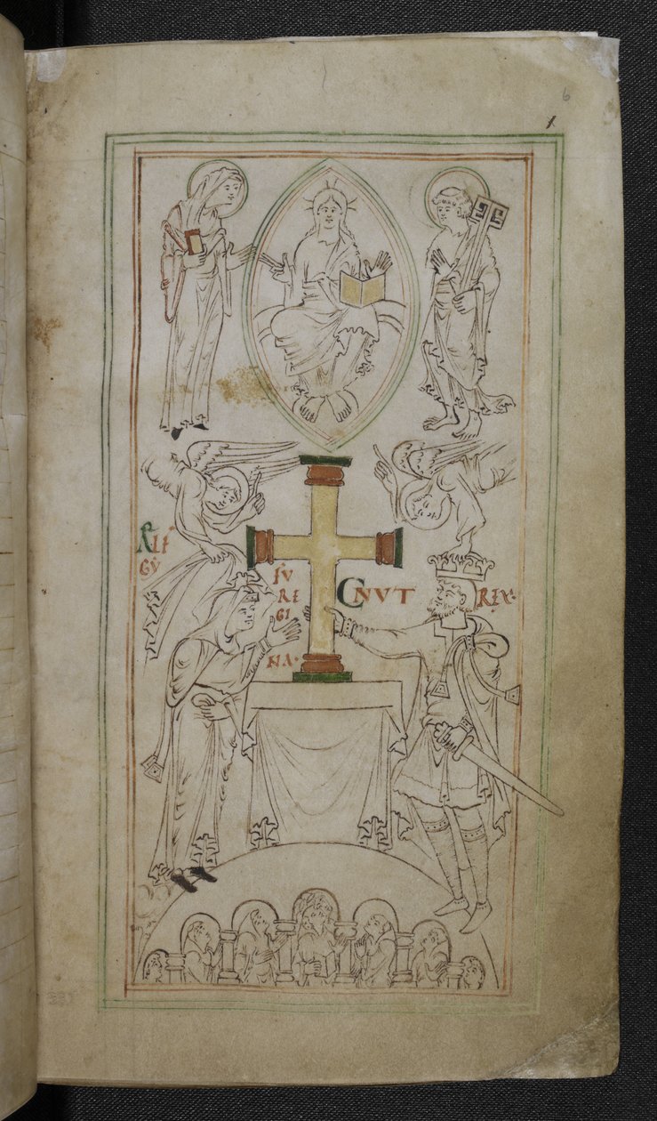 Stowe 944 f.6 Kung Cnut och hans drottning, Aelfgyfu, presenterar ett kors på den nya ministerns altare, 
