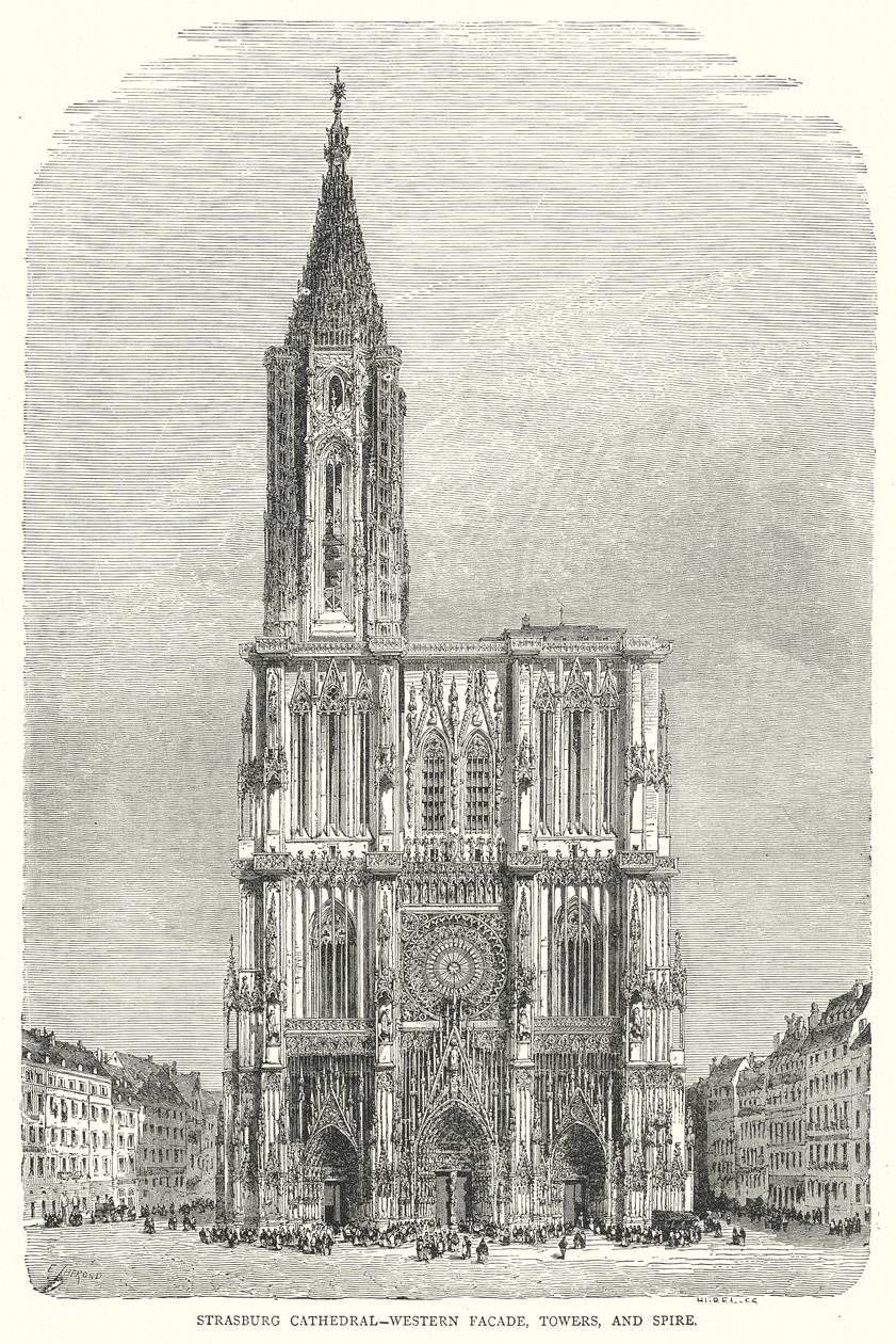Strasbourgs katedral - västra fasaden, tornen och spiran (gravyr) av English School
