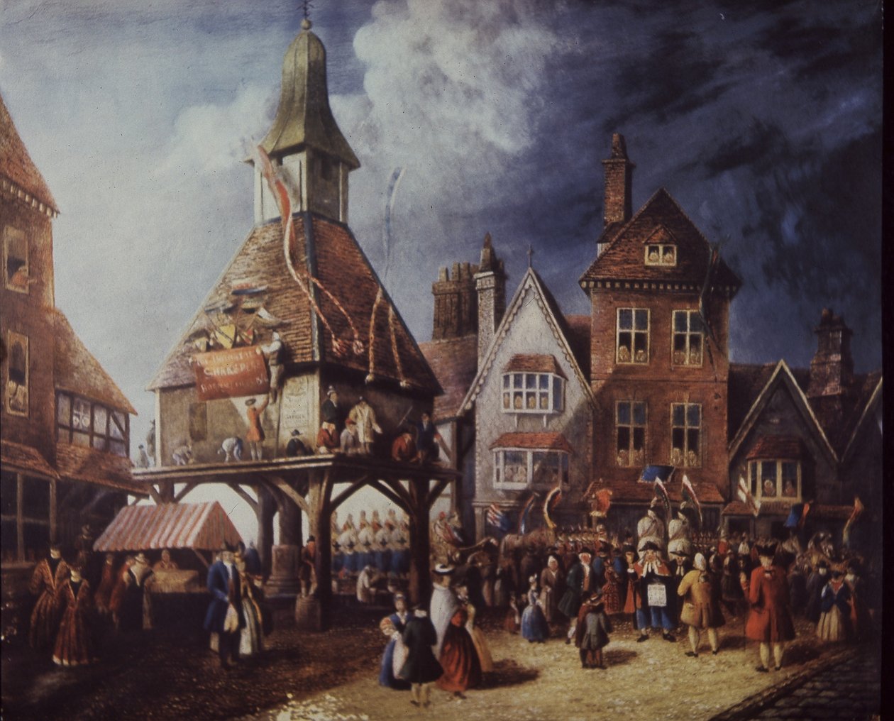 Stratford-on-Avon, Shakespeares jubileum 1769 vid High Cross (färg litho) av English School