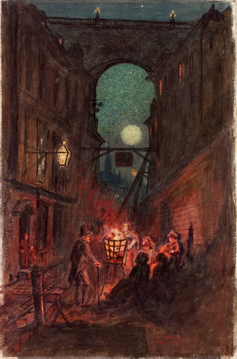 Street Scene, Newcastle upon Tyne (kroppsfärg på papper) av English School