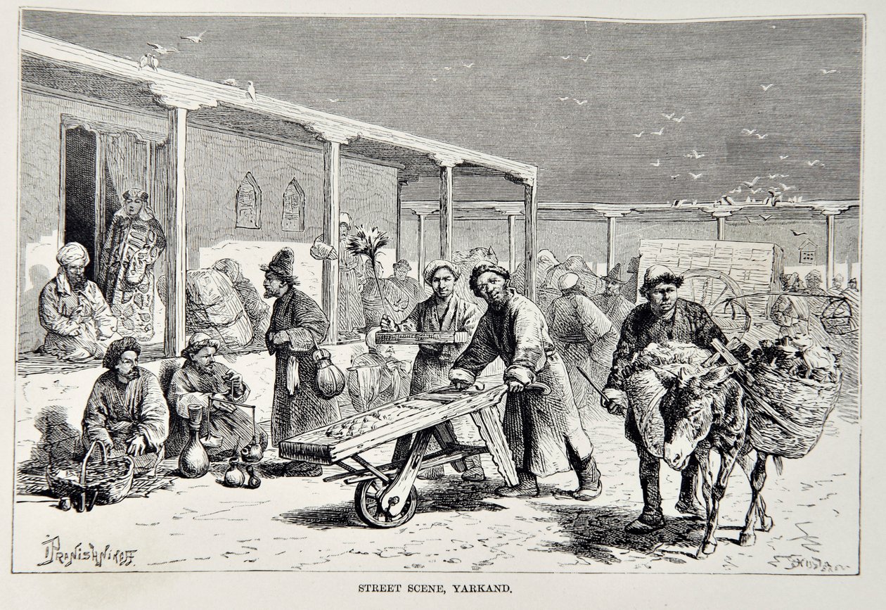 Street Scene, Yarkand, illustration från The Universal Geography, the Earth and its inhabitants av Elisee Reclus, publicerad 1878 av English School