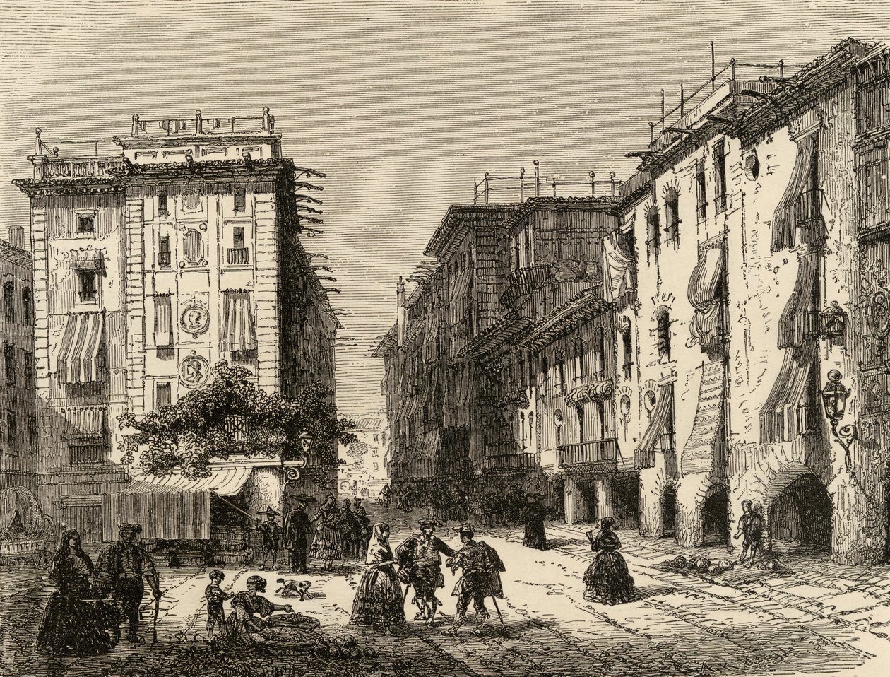 Gata i Barcelona, illustration från "Spanish Pictures" av pastor Samuel Manning (gravyr) av English School