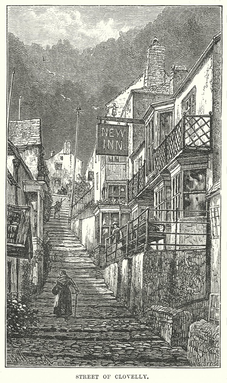 Gatan i Clovelly (gravyr) av English School