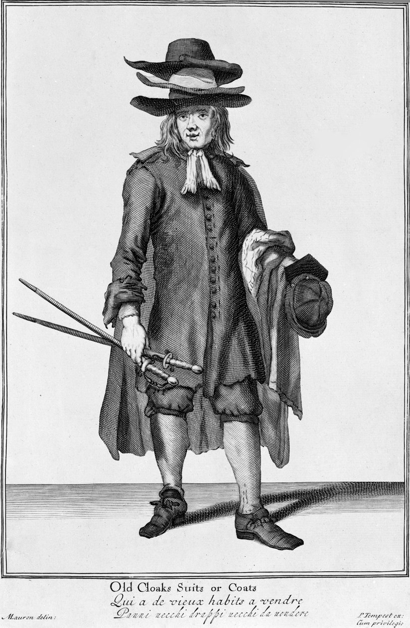 Gatuförsäljare som säljer gamla kappor, kostymer och rockar, 1666 av English School