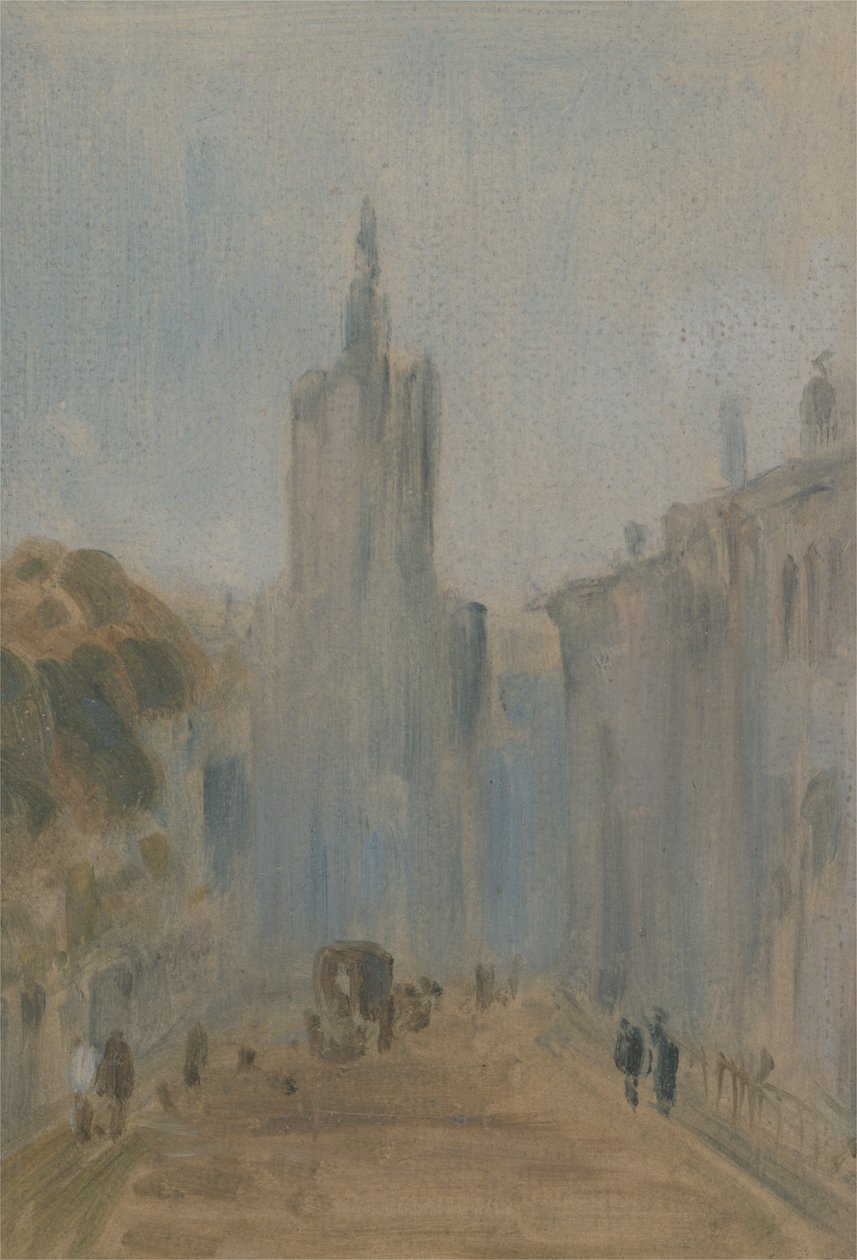 Gata med kyrka och figurer som tidigare tillskrivits J.M.W. Turner (1775-1851) och även tillskriven Peter de Wint (1784-1849), 1822-25 (olja på papper) av English School