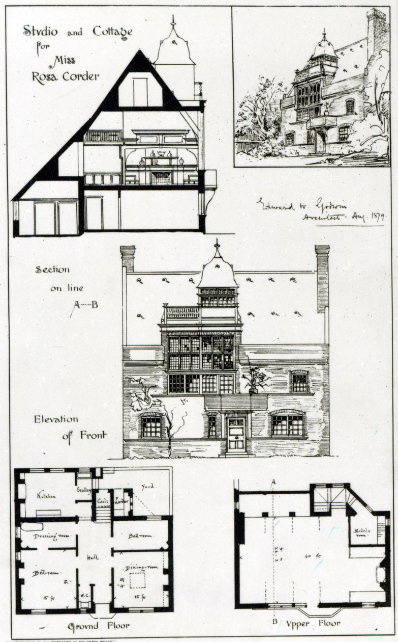Studio och stuga för Miss Rosa Corder, från The British Architect, 3 oktober 1879 av English School