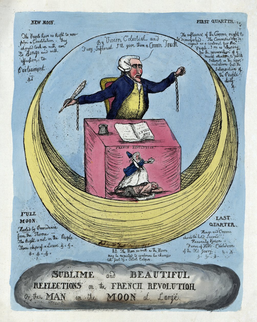 Sublima och vackra reflektioner över den franska revolutionen, eller mannen i månen i stort, pub. 1790 (handfärgad gravyr) av English School