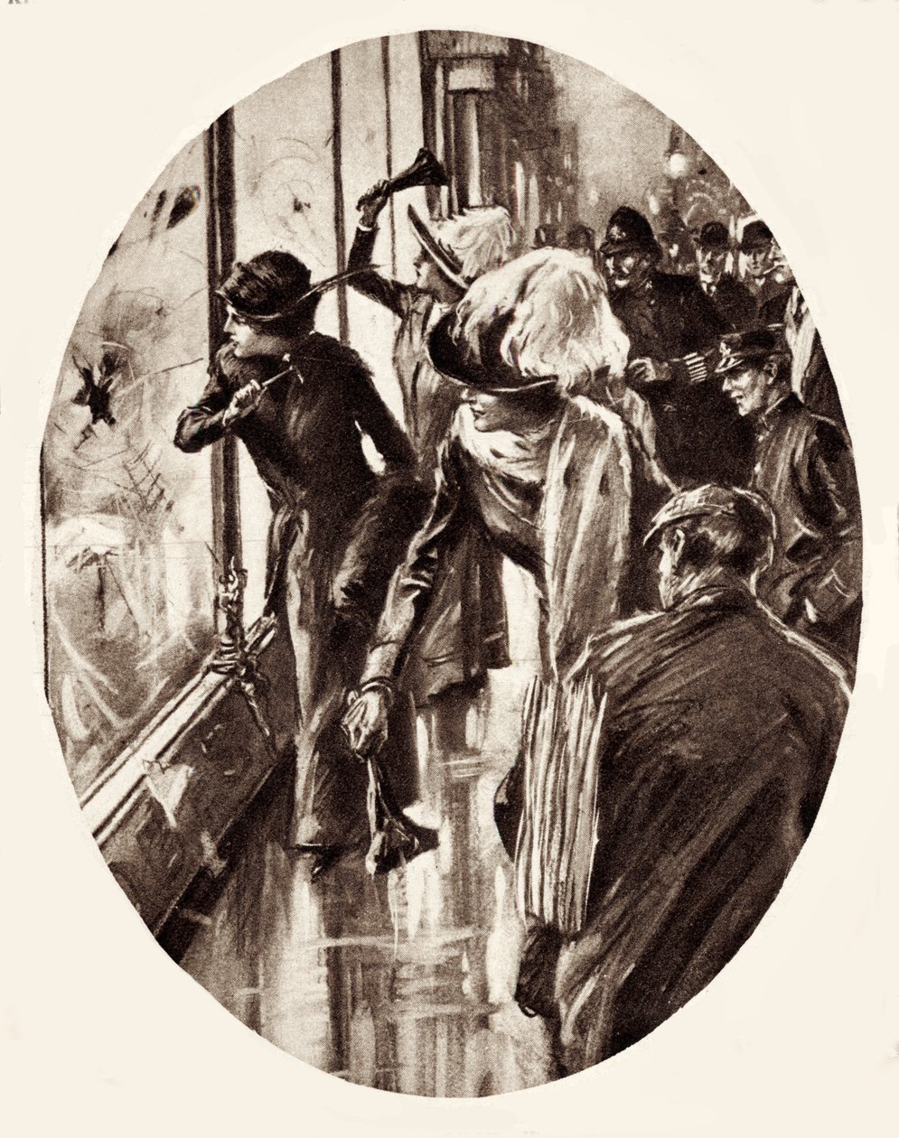 Suffragetter - teckning av kvinnor som krossar skyltfönster i London, mars 1912 (gravyr) av English School