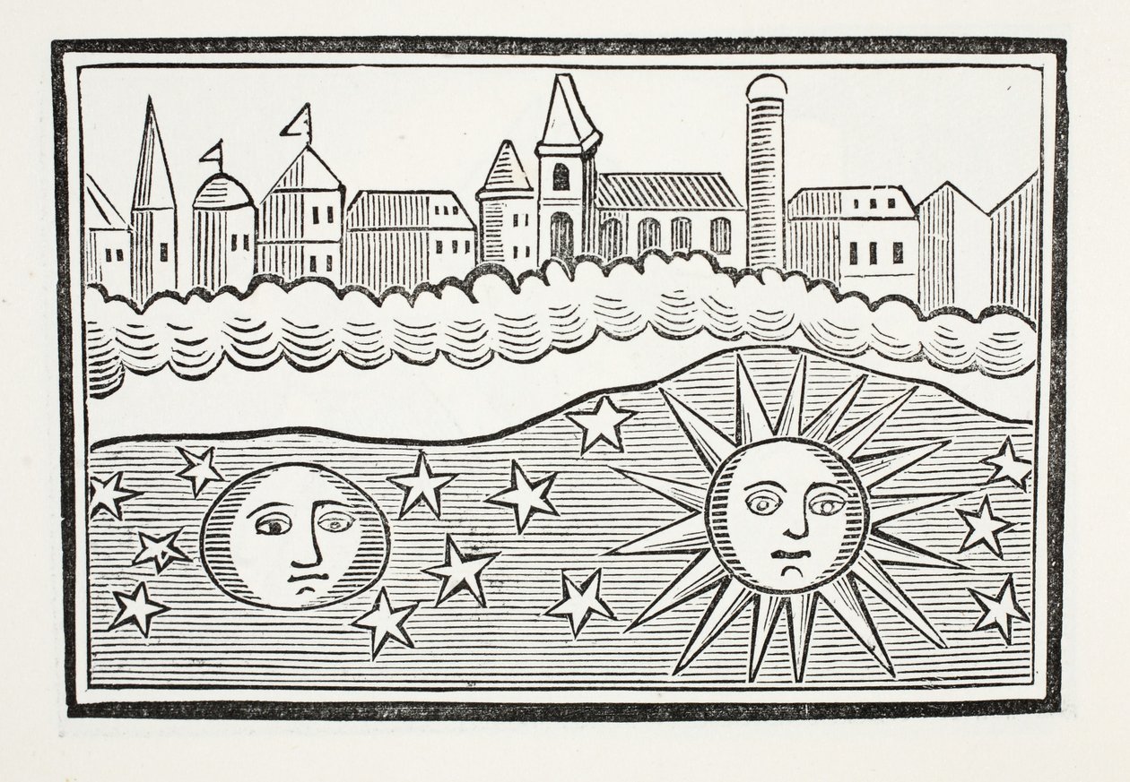 Sun, Moon, Stars and Earth Transponed, illustration från Chap-books of the artonde århundrade av John Ashton, pub. 1882 av English School