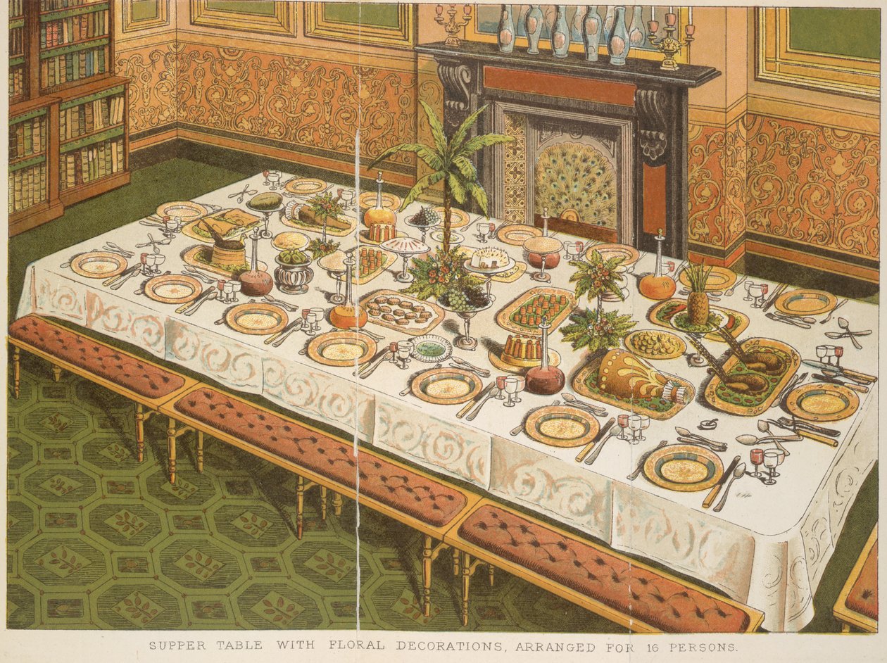 Nattvarsbord med blomsterdekorationer, arrangerat för 16 personer, från 
