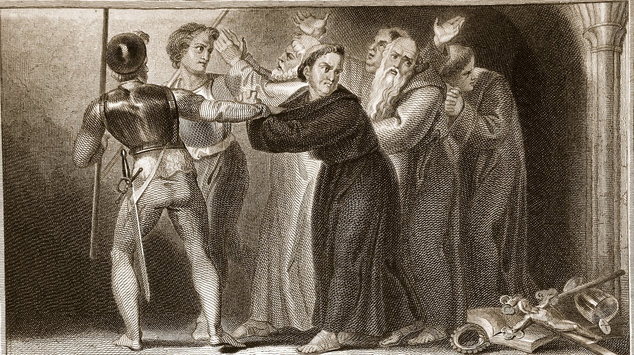 Undertryckande av klostren, illustration från David Humes The History of England, pub. av R. Bowyer, London, 1812 av English School