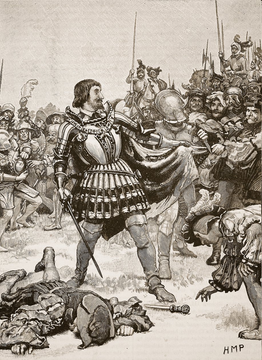 Överlämnande av Franciskus på slagfältet i Pavia, illustration från Cassells Illustrated History of England (sepiafoto) av English School