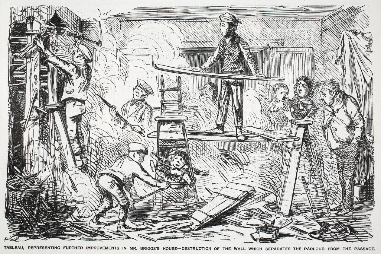 Tablå, som representerar ytterligare förbättringar av Mr. Briggs hus - förstörelse av väggen som skiljer salongen från passagen, illustration från Punch av English School