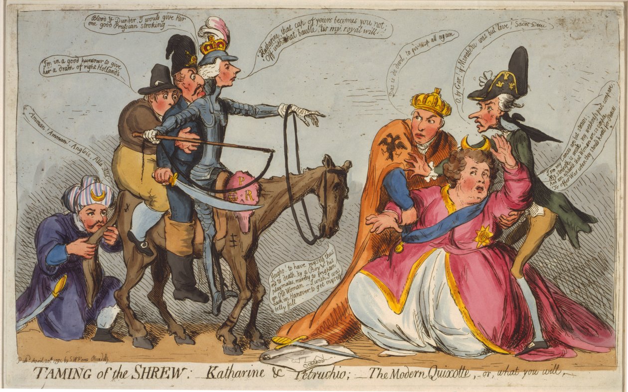 Att tämja näbben: Katharine och Petruchio; Den moderna Quixotten, eller vad du vill, 1791 (handfärgad etsning) av English School