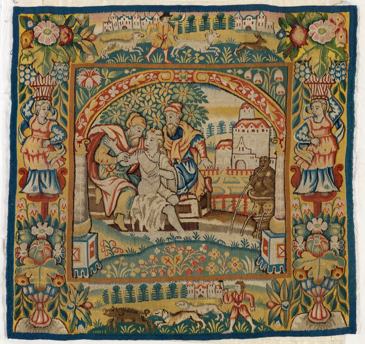 Gobeläng kuddfodral föreställande Susannah at the Bath (en av uppsättningen av sex Sheldon Tapestries, 47,9 till 47,14), tillverkad i Sheldon, England, om den är äkta av English School