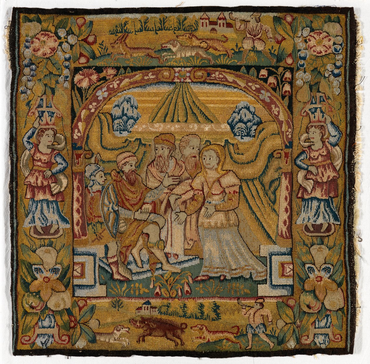 Kuddfodral i gobeläng föreställande Susannah inför domaren, tillverkad i Sheldon, England, efter 1600 (ull) av English School
