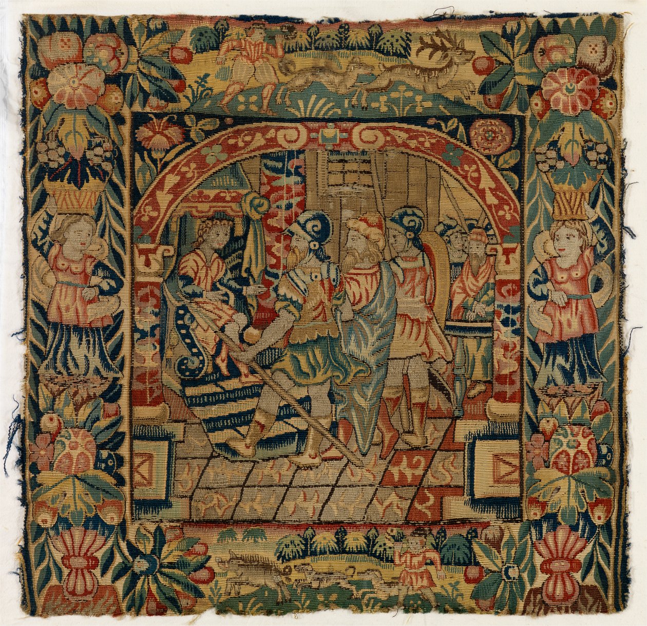 Gobeläng kuddfodral föreställande The Elders before Daniel, tillverkat i Sheldon, England, efter 1600 (ull) av English School