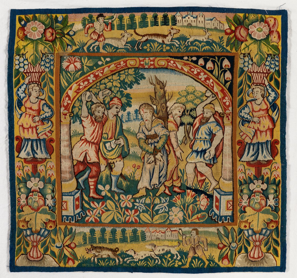 Gobeläng kuddfodral som föreställer The Stening of Elders (en av uppsättningen av sex Sheldon Tapestries, omfattande 47,9 till 47,14), tillverkad i Sheldon, England, om den är äkta av English School