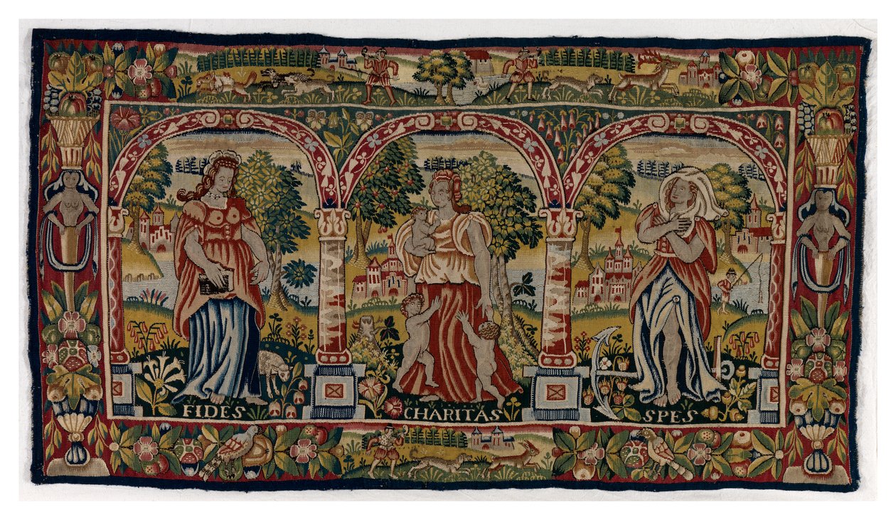 Gobeläng lång kudde föreställande Faith, Hope and Charity, gjord i Sheldon, England, sent 1500-tal (ull) av English School