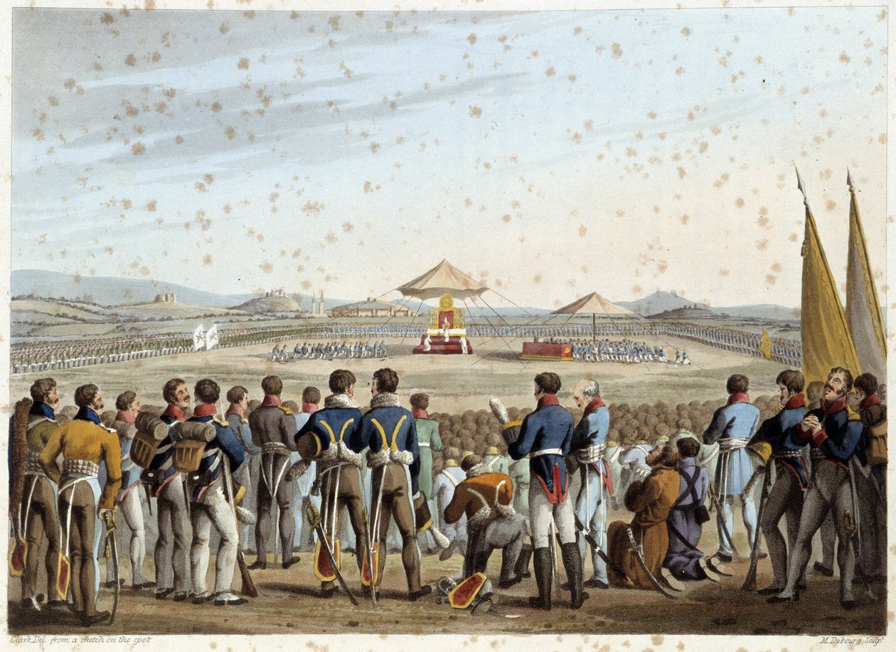 Te deum på slagfältet i "Historiska, militära och marina anekdoter och händelser som kom i armarna på Storbritannien och deras allierade och slutade vid Waterloo" av Edward Orme. Ill. av Fry, Sutherland, Clark, Dubourg, W.Heart, JA, Atkinson... Red. 1819,  av English School