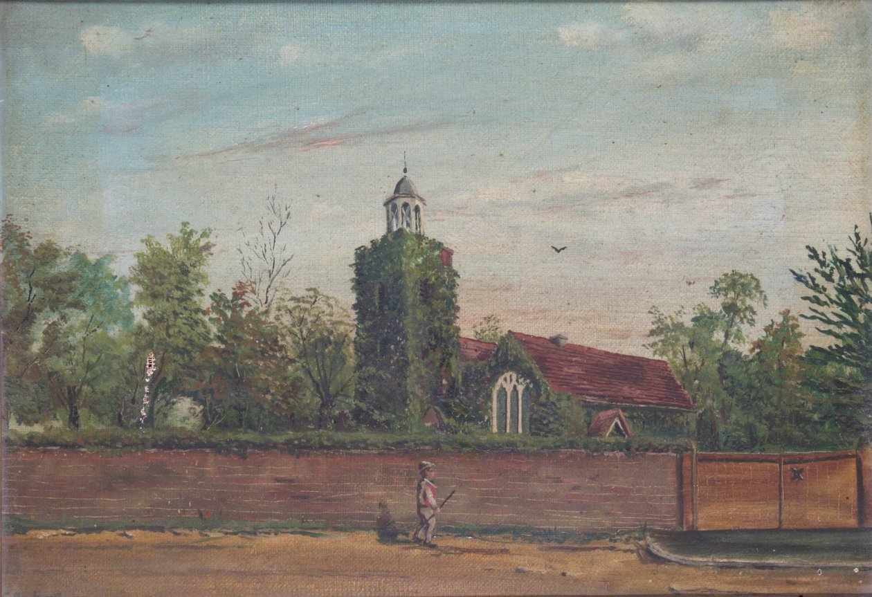 Teddington Church Middlesex, ca 1900 (olja på duk) av English School