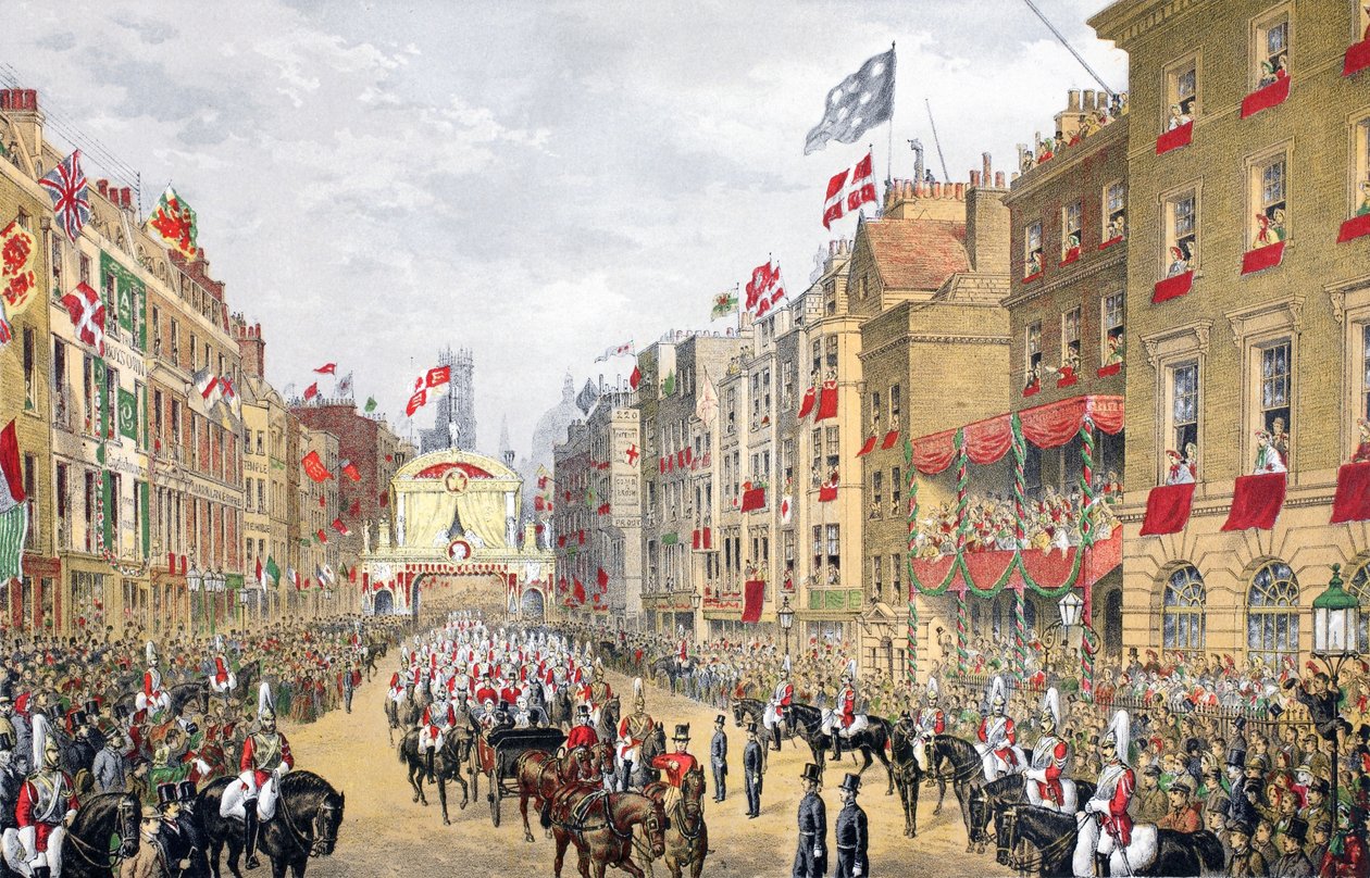 Temple Bar, 7 mars, 1863, från A Memorial of the Marriage of Edward VII and Alexandra of Denmark, pub. 1864 av English School