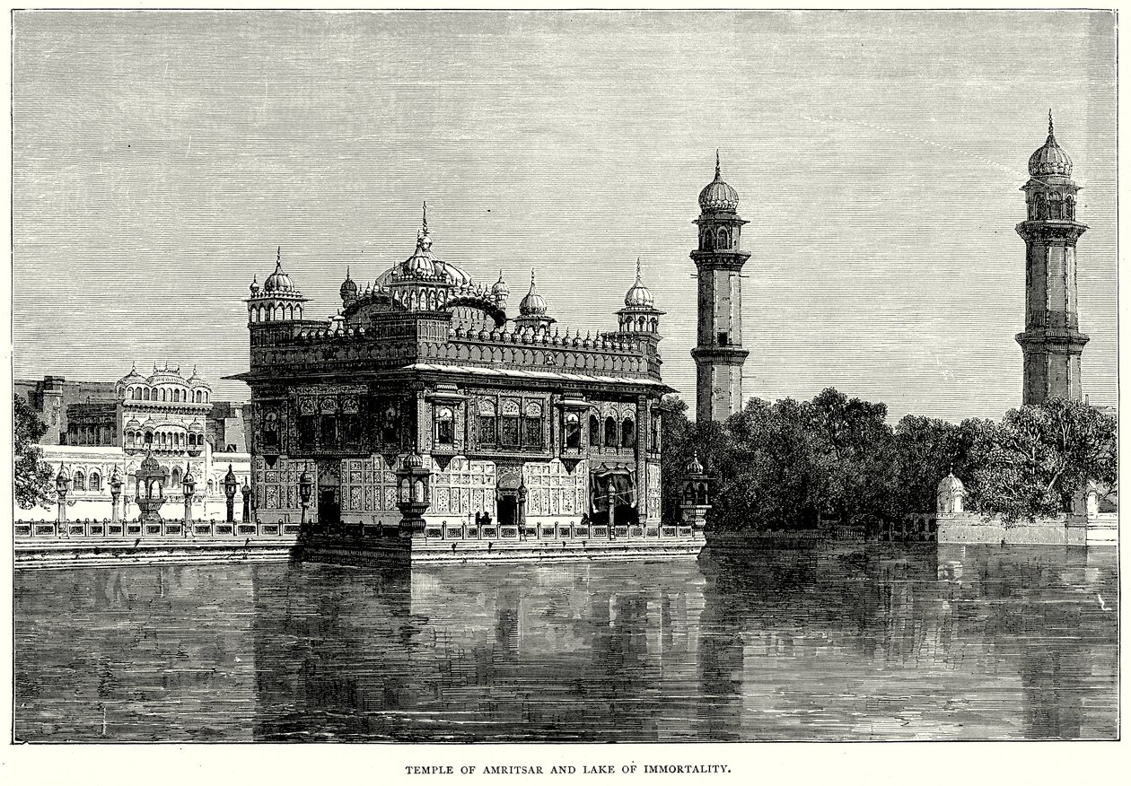 Templet i Amritsar och odödlighetens sjö (gravyr) av English School